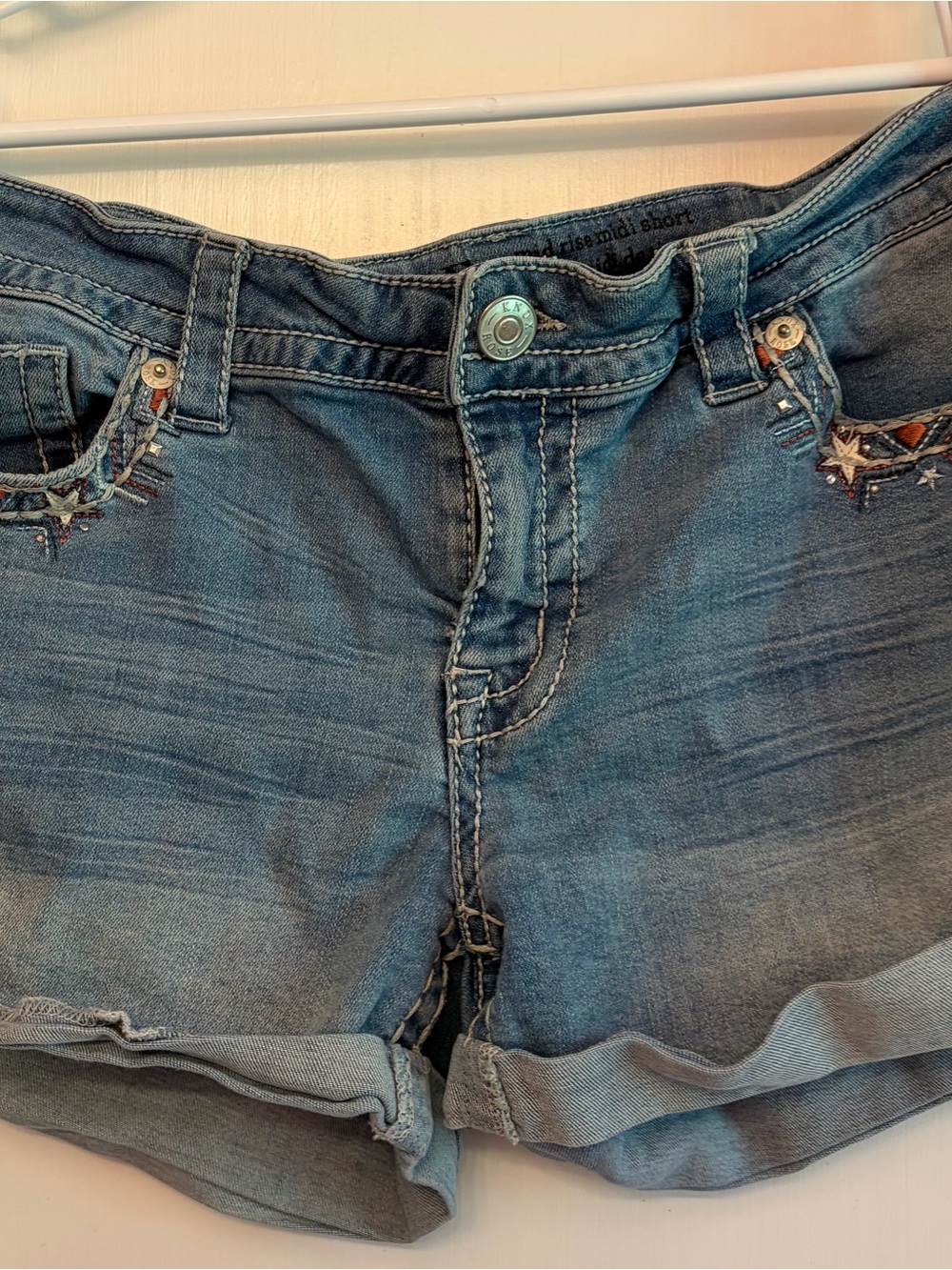 95% Cotton Knox Rose Patriotic Denim Roll-Cuff Shorts Star Embroidery L1
